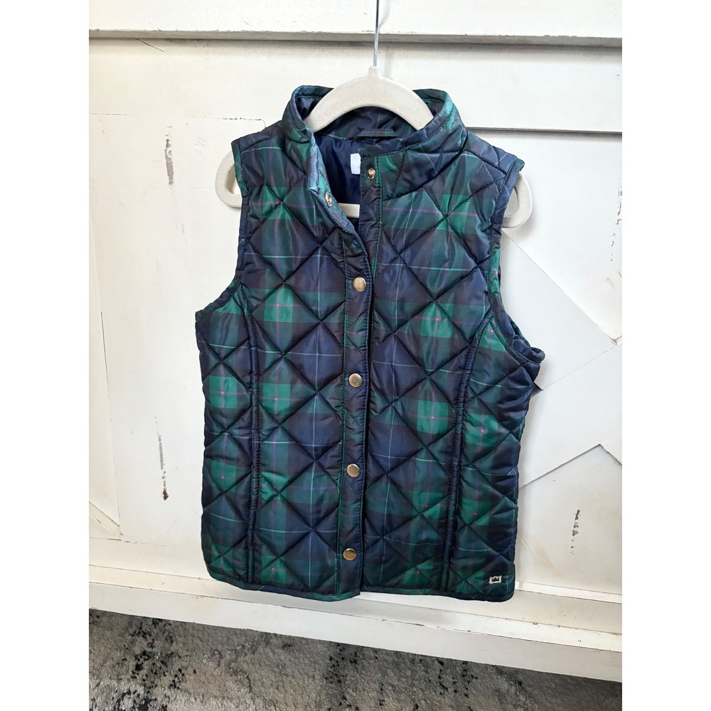 Crown & Ivy Kids Quilted‎ Plaid Vest Navy Green Puffer Size S Christmas Holiday